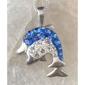 Blue‎ & White Rhinestone 2 Dolphin Sterling Silver 925 Pendant 18'' Necklace 3g